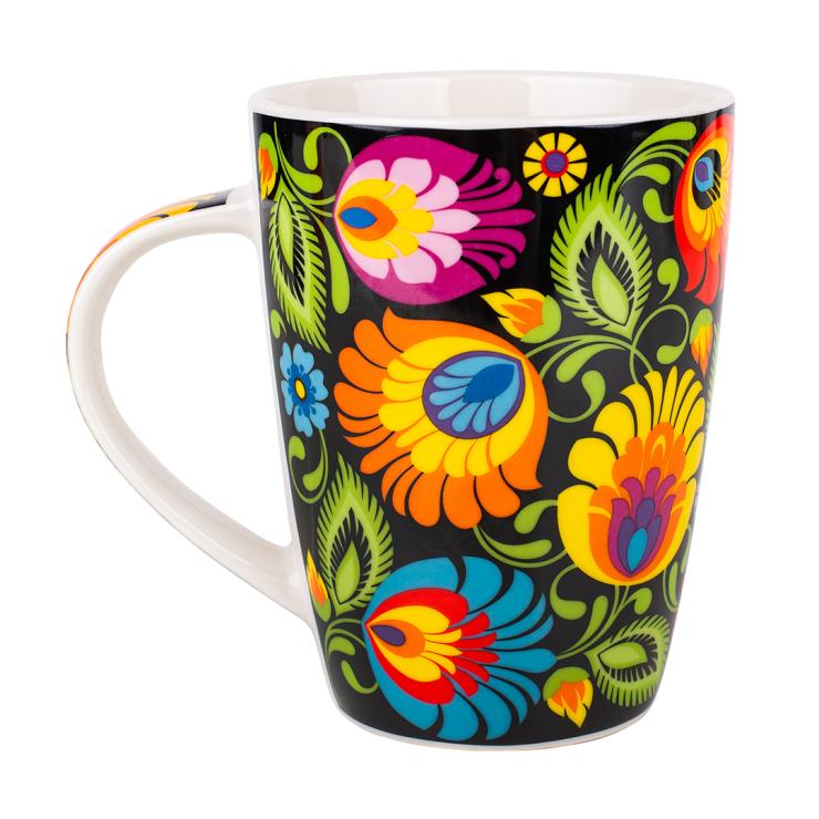 tall mug decorated with Lowicz flowers, polish pattern