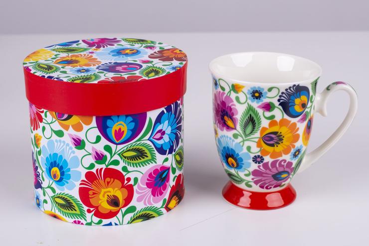 elegant folk white lowicz pattern mug with a box