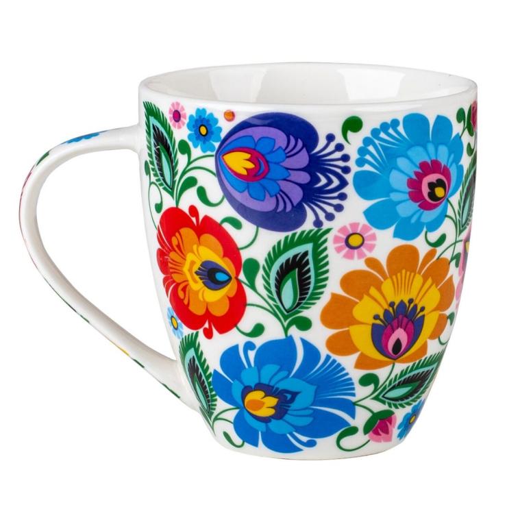 folk white mug decorated with lowic flowers, capacity 500 ml