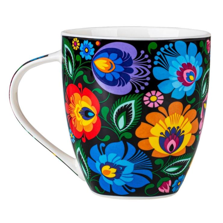 black Stefan mug with folk lowicz flowers, capacity 500 ml