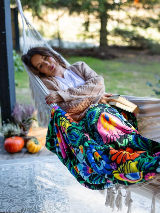 black blanket with polish folk lowicz flowers