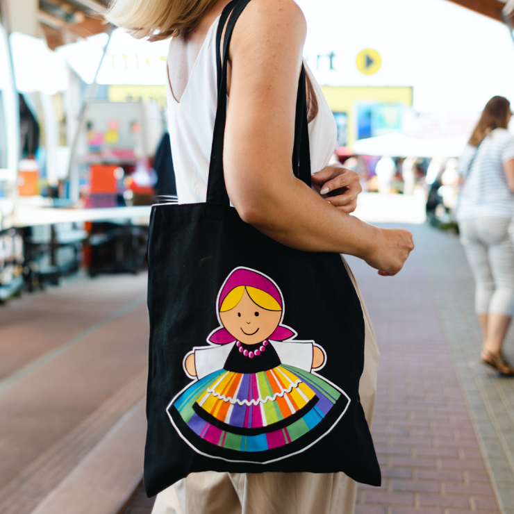 black folk cotton bag with lowicz lady in traditional costume