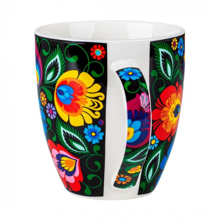 big folk mug decorated with black lowicz pattern