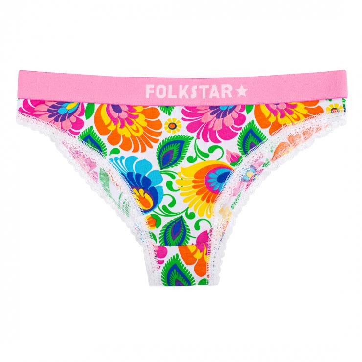 white knickers in lowicz polish folk pattern with the Folkstar logo on a pink elastic band, folk panties