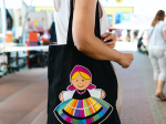 black folk cotton bag with lowicz lady in traditional costume