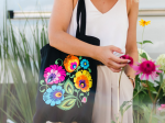 black cotton bag with traditional lowicz flowers