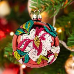 Bombka Haft błyszcząca - czerwona w różowe kwiaty