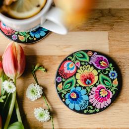 Podkładka ceramiczna matowa pod kubek - łowicka czarna
