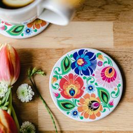 Podkładka ceramiczna matowa pod kubek - łowicka biała