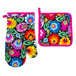 Oven mitt and paw - black Łowicz pattern