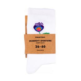 Skarpetki długie białe - Kwiatek łowicki fioletowy