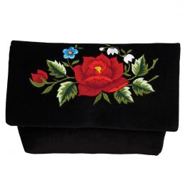 Kopertówka haftowana czarna - czerwona róża z kwiatkami