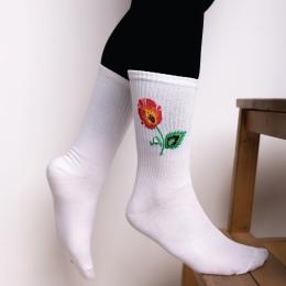Skarpetki długie białe - Kwiatek łowicki czerwony