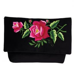 Kopertówka czarna - haftowane dwie różowe róże
