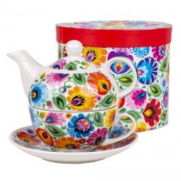 Halinka cup with a teapot - white Lowicz pattern