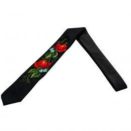 Krawat męski haftowany - czerwone róże i niebieskie kwiatki