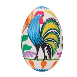 Egg with a cutout - a black rooster with a green and orange tail