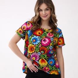 Women's T-shirt with flowers - black Lowicz pattern