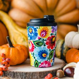 Thermal mug 350 ml - white Lowicz pattern